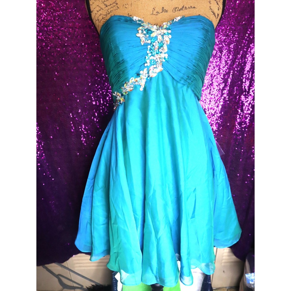 Turquoise Beaded Chiffon Dress 7/8 Alyce Paris Women Homecoming Prom Strapless